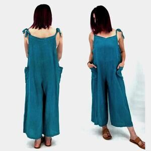 Meo Meli O/S Tie Shoulder 100% Italian Linen Jumpsuit Wide Leg Crop Peacock Blue